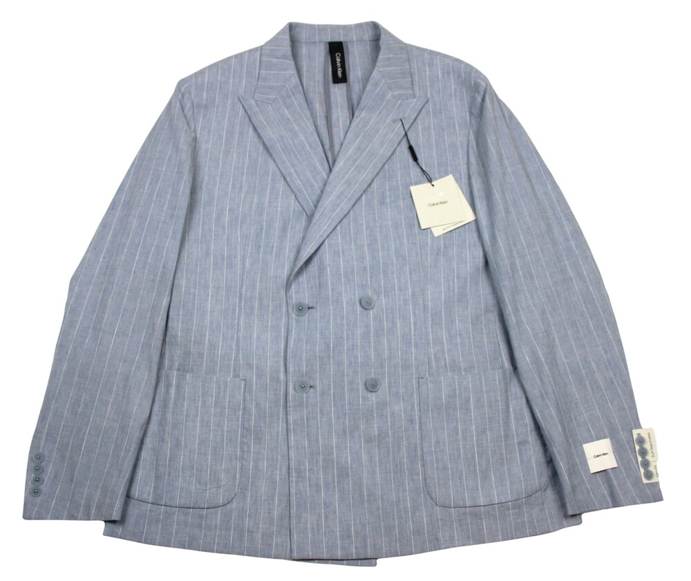 Calvin Klein Double Breasted Suit Jacket 46 R Mens Blue Stripe Linen Slim Fit
